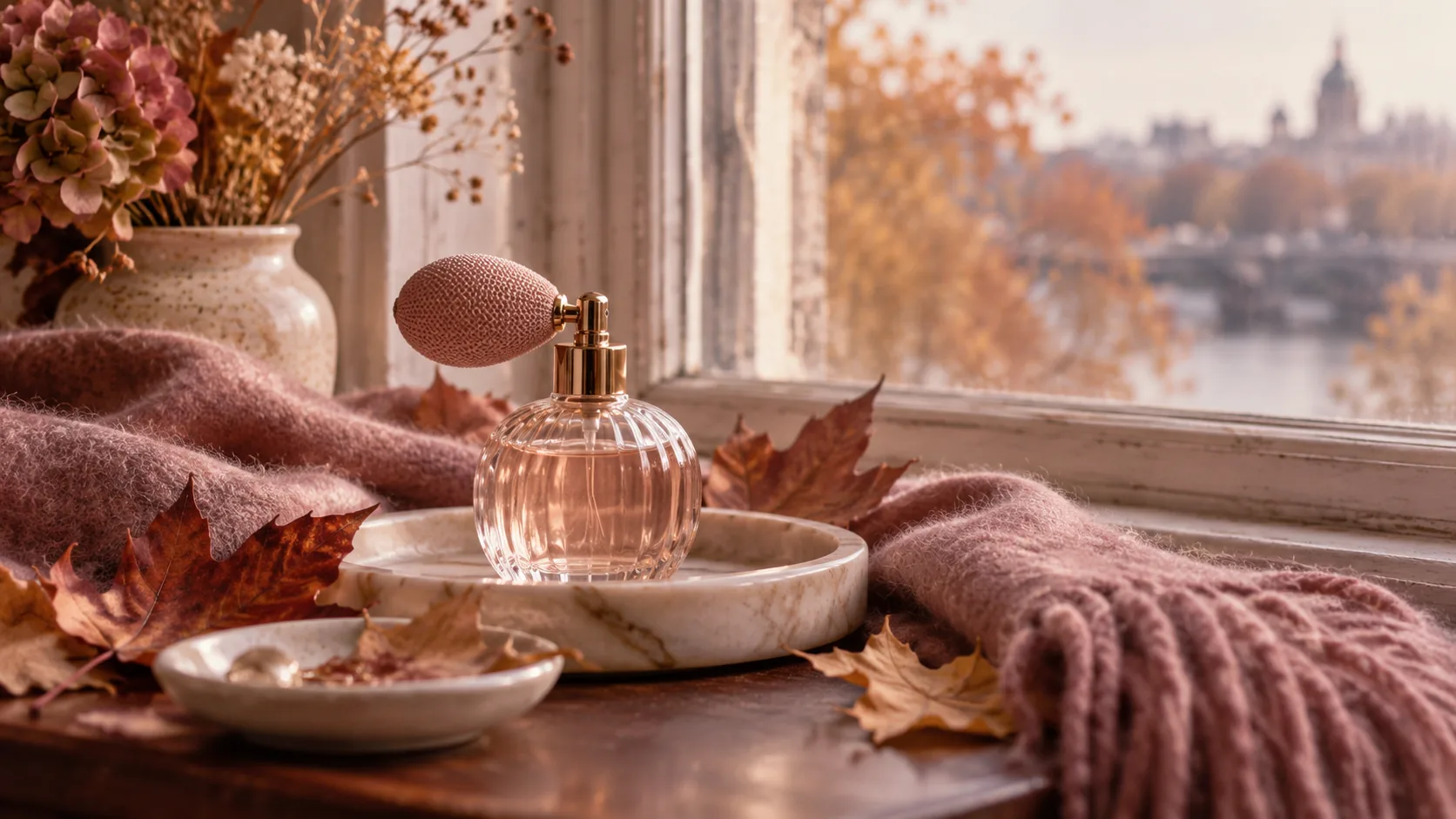 Generic atomizer with wool fabric and autumn leaves near a cool window