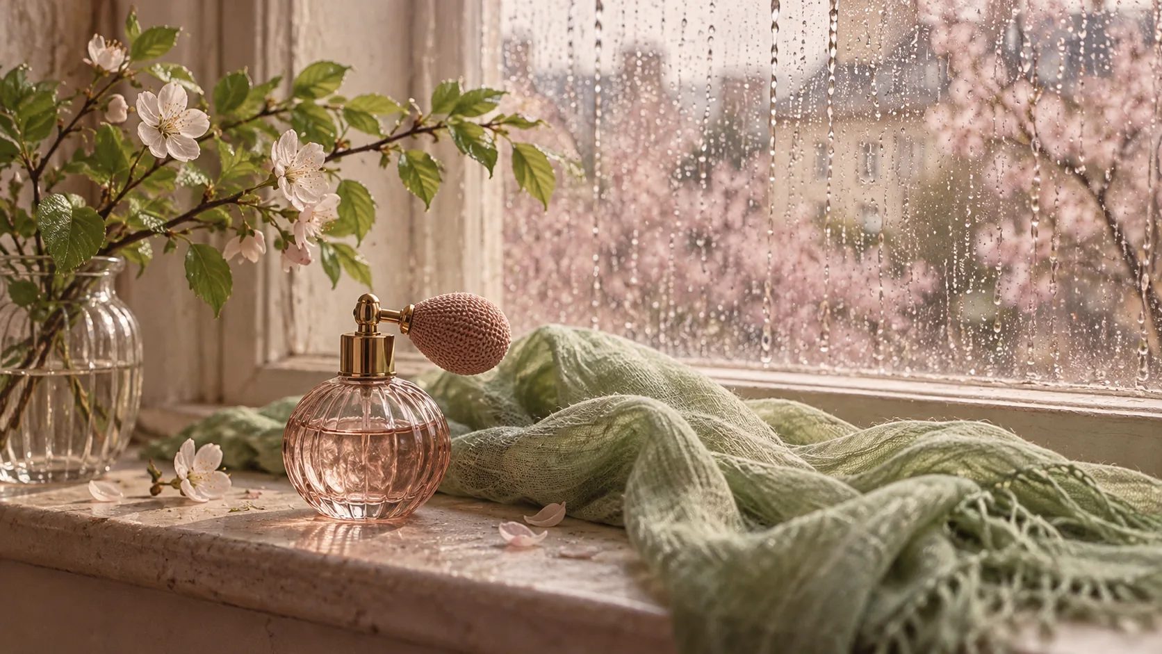 Generic atomizer with a leafy twig and green scarf near a rainy window