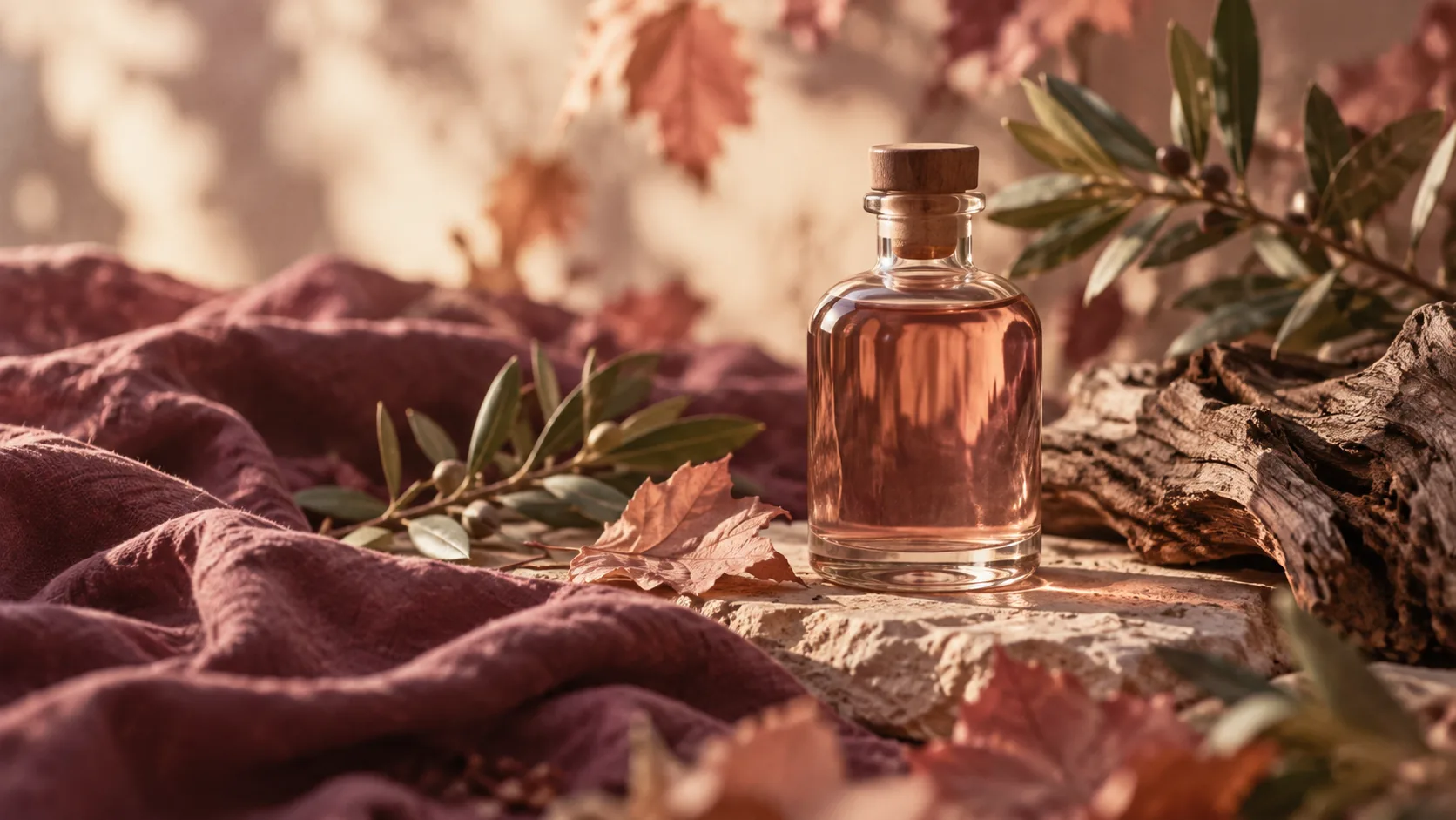 Generic fragrance bottle beside dry wood, leaves and plum-colored fabric