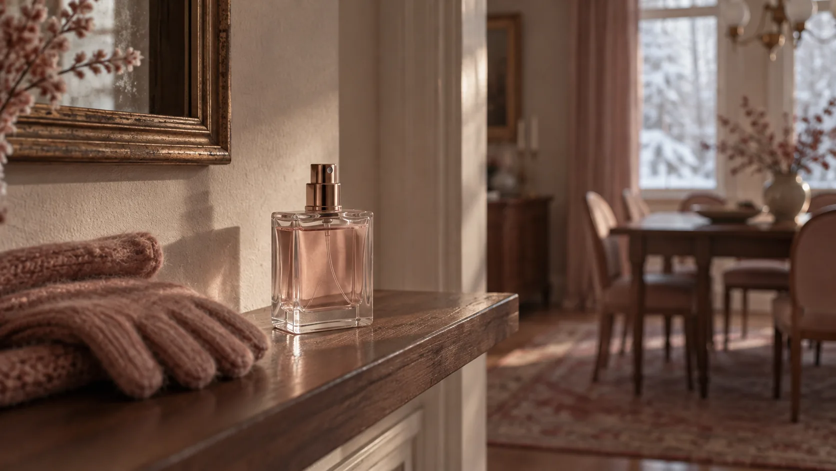 Small glass perfume atomizer on a hallway shelf beside wool gloves