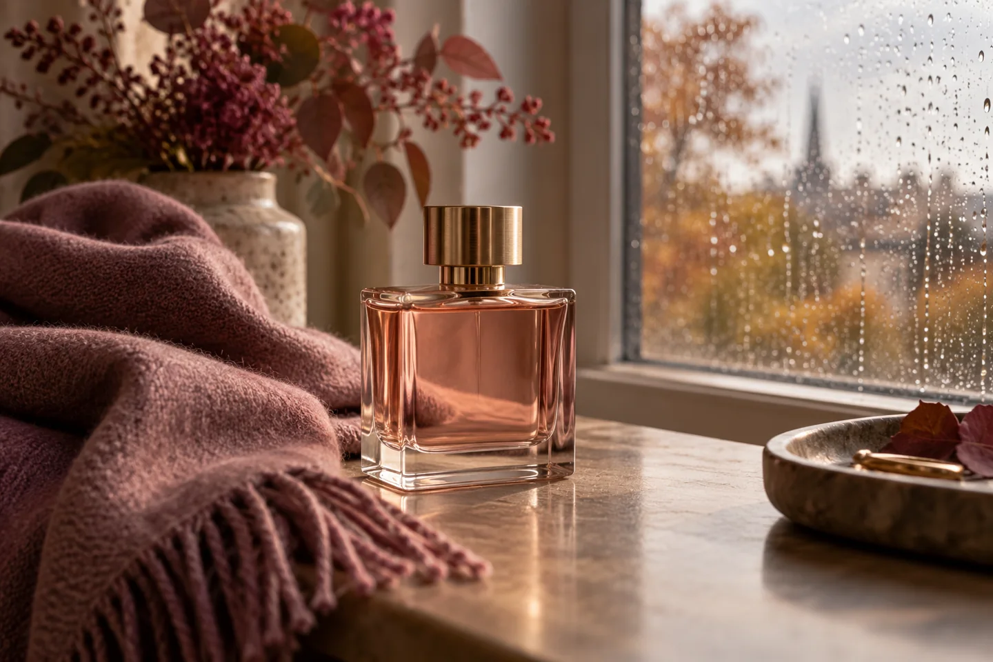 Generic bottle and wool scarf by a rain-speckled window