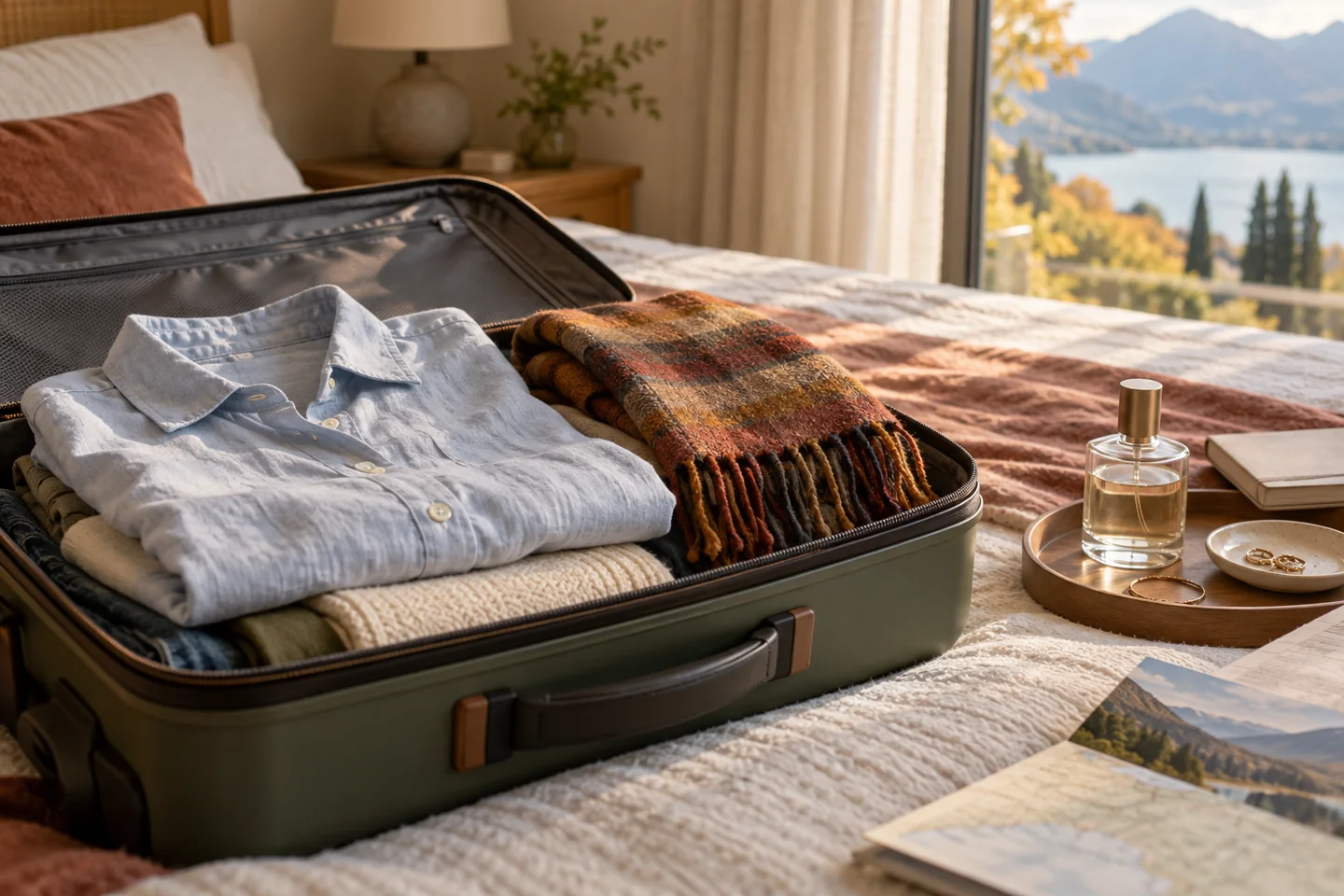 Open suitcase containing a light shirt and autumn scarf beside a generic perfume bottle