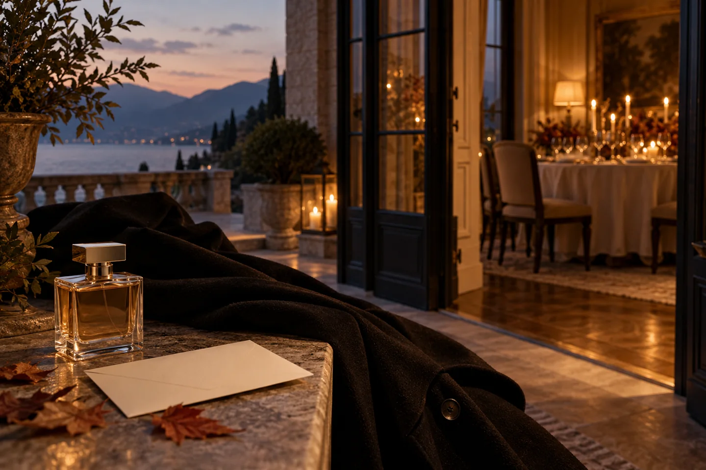Plain perfume beside evening coat and blank invitation between terrace and dining room