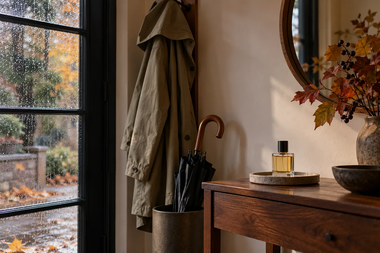 Raincoat, closed umbrella and generic perfume bottle on a dry autumn hallway console
