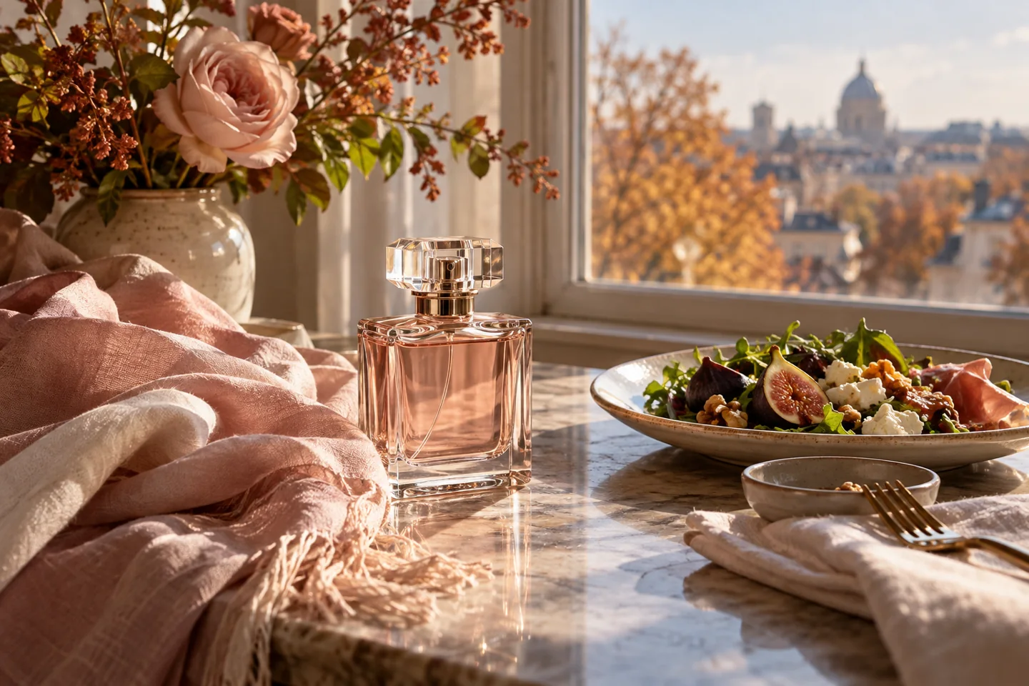 Generic perfume bottle, scarf and lunch setting by an autumn window