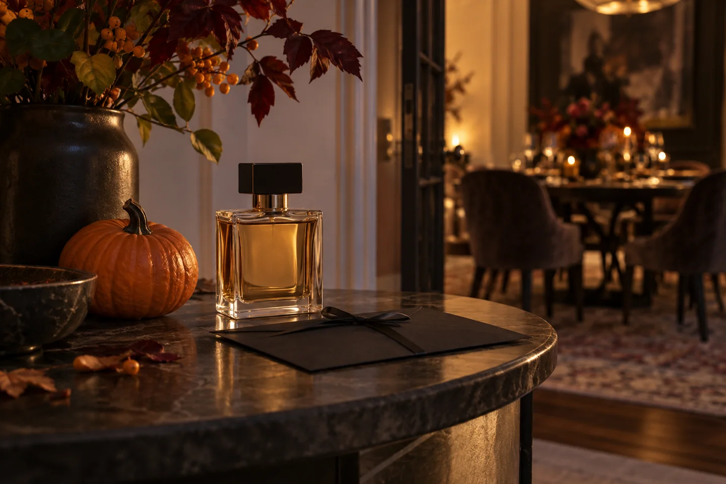 Generic perfume bottle beside a small pumpkin and a text-free party invitation